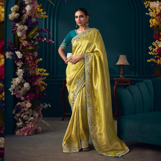 Bright Yellow Heavy Embroidered Wedding Wear Banarasi Kanjivaram Silk Saree