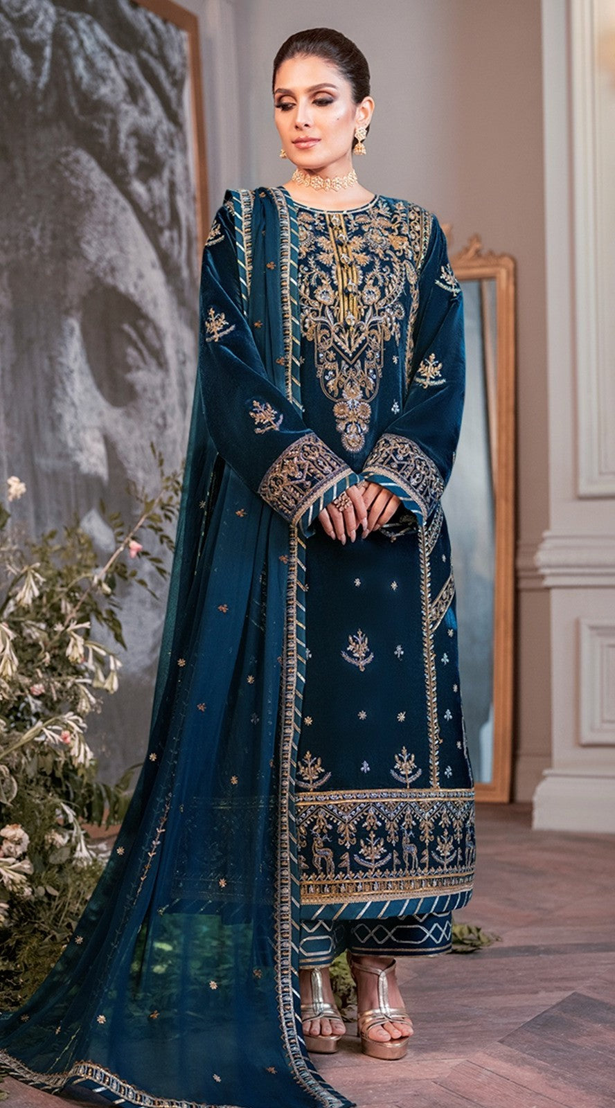 Teal Blue Color Winter Collection Heavy Embroidered Velvet Salwar Suit