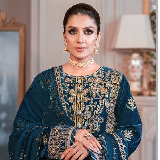 Teal Blue Color Winter Collection Heavy Embroidered Velvet Salwar Suit