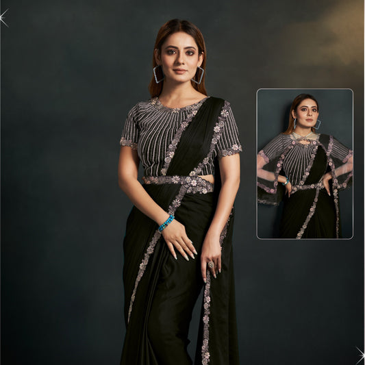 Black Sequence And Applique Embroidery Party Wear Saree