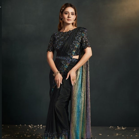 Black Multi Sequence And Applique Embroidery Wedding Saree