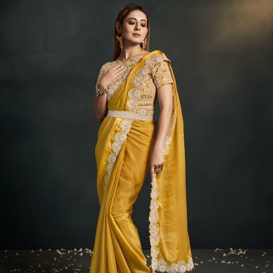 Yellow Sequence And Applique Embroidery Haldi Saree