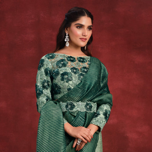 Party Wear Sea Green Sequins Stonework Embroidered Banarasi Crush Silk Designer Saree