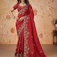 Chilly Red Uppada Silk Embroidered Heavy Stone Work Saree For Wedding Reception