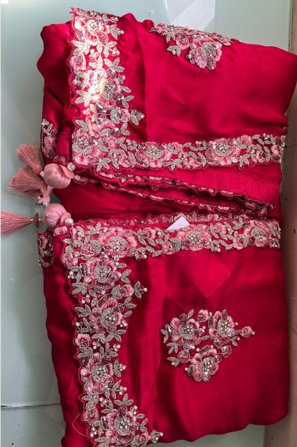 Maroon Crepe Satin Silk Heavy Embroidered Saree For Wedding