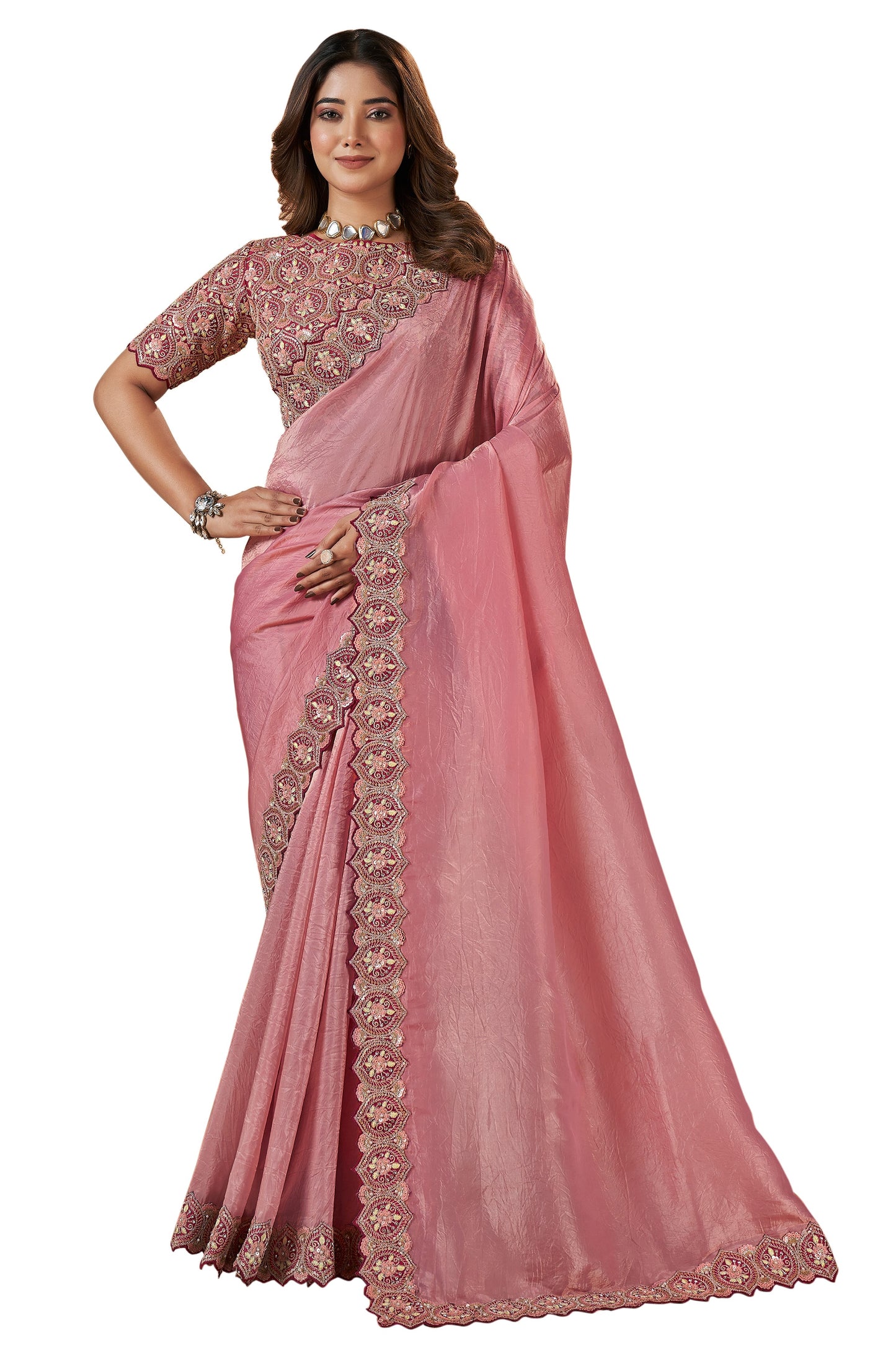 Pink Color Heavy Embroidered Banarasi Crush Silk Fabric Bollywood Style Party Wear Saree