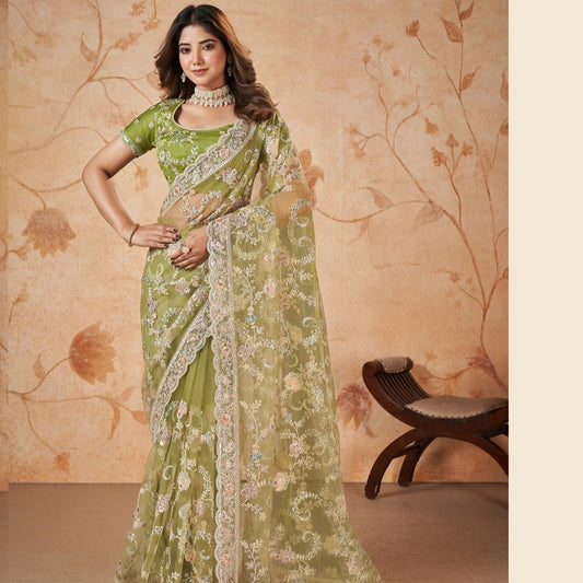Olive Green Wedding Wear Net Fabric Sequins Work Designer Saree