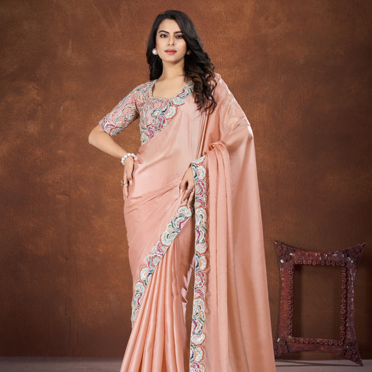 Peach Crepe Satin Silk Embroidered Saree With Stitched Blouse