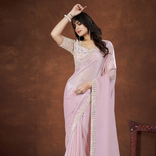 Baby Pink Crepe Satin Silk Embroidered Saree With Stitched Blouse