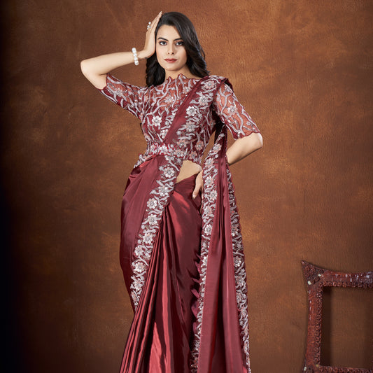 Dark Maroon Crepe Satin Silk Embroidered Saree With Stitched Blouse