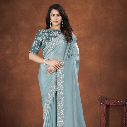 Turquoise Crepe Satin Silk Embroidered Saree With Stitched Blouse