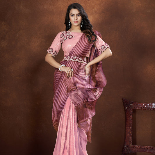 Pink Crepe Satin Silk Embroidered Saree With Stitched Blouse