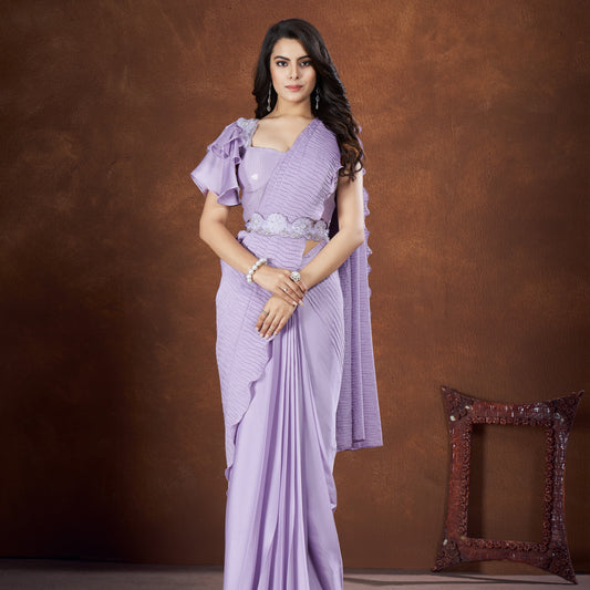 Lavender Crepe Satin Silk Embroidered Saree With Stitched Blouse