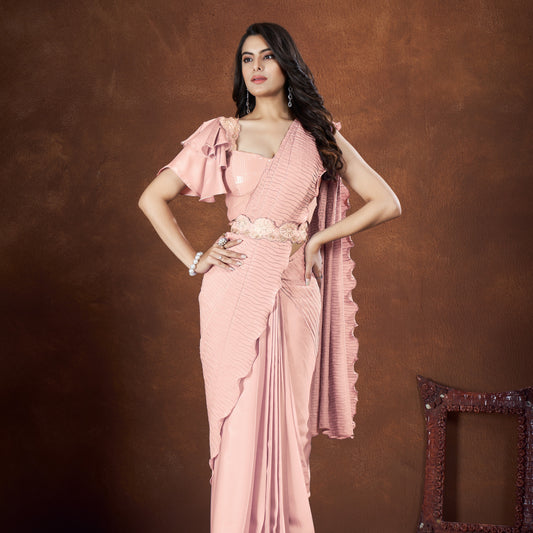 Peach Crepe Satin Silk Embroidered Saree With Stitched Blouse