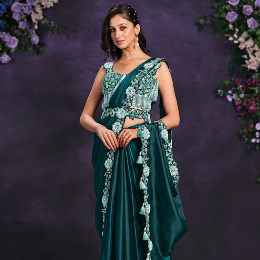 Sea Green Sequence And Stone Work Embroidery Ready To Wear Sari