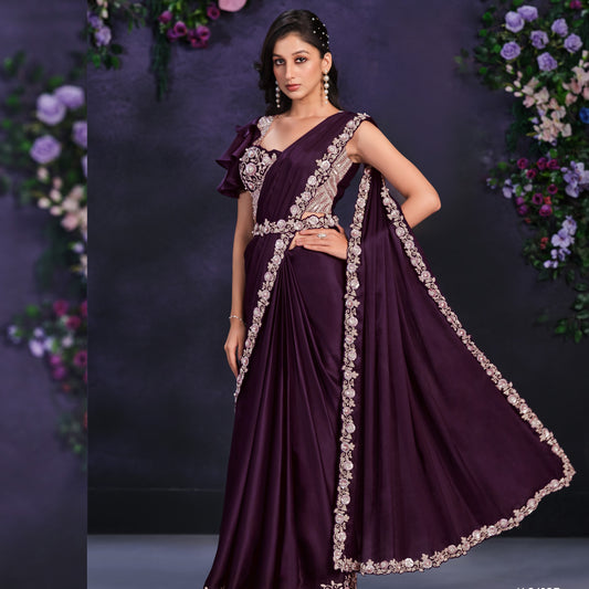 Purple Satin Ready Pleated Saree In Heavy Work Embroidery