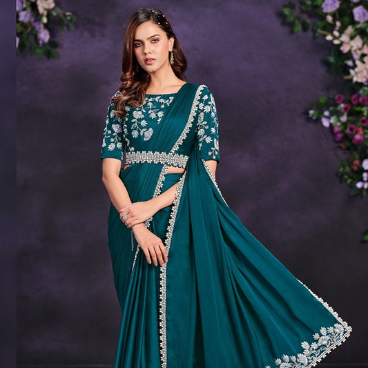 Turquoise Blue Ready To Wear Bridal Saree