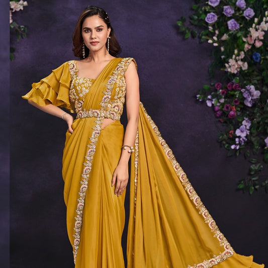 Mustard Yellow Crepe Satin Silk Embroidered Ready To Wear Saree With Stitched Blouse