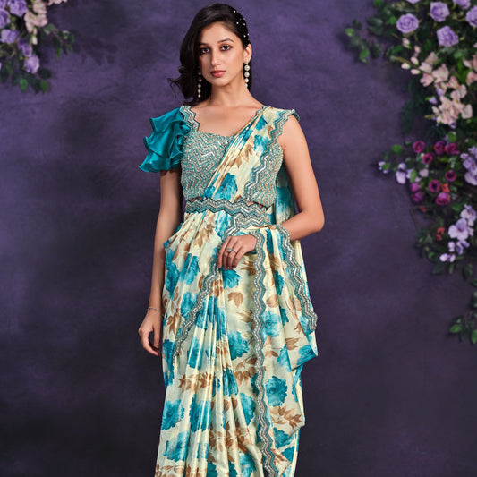 Beige & Blue Satin Silk Embroidered Designer Engagement Saree