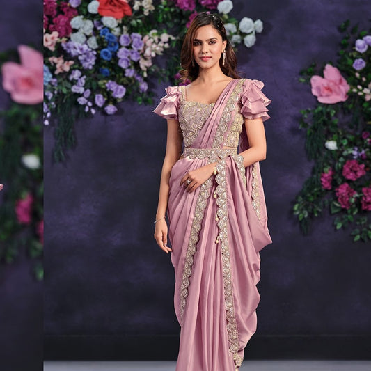 Pink Satin Silk Embroidered Designer Engagement Saree