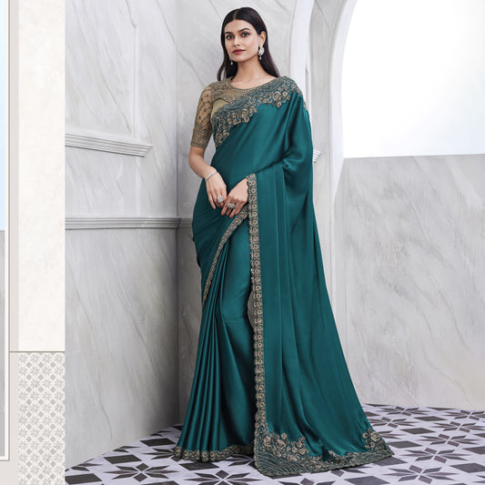 Teal Green Silk Embroidered Engagement Saree