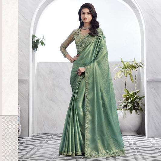Sea Green Silk Embroidered Engagement Saree