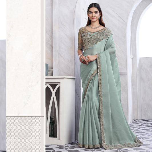 Sea Green Silk Embroidered Engagement Saree