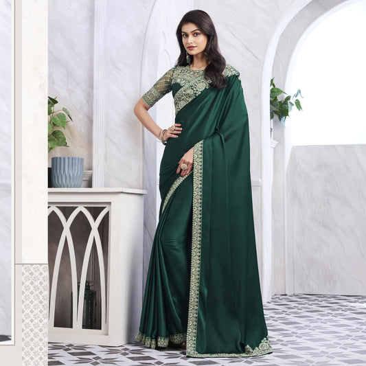Lovely Forest Green Silk Embroidered Engagement Saree