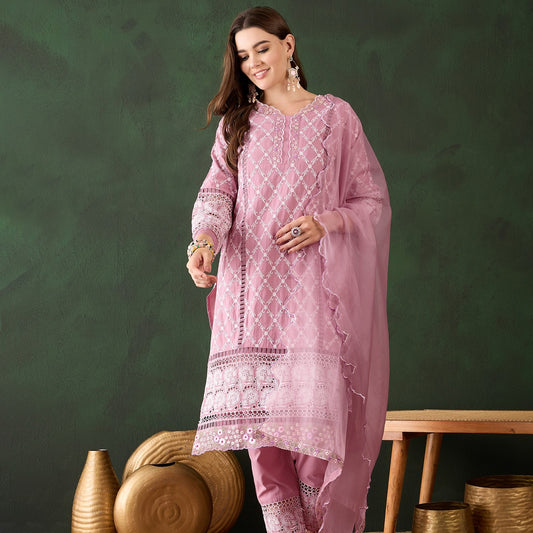 Pink Cotton Schiffli Embroidery Kurta with Trouser & Dupatta