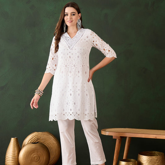 White Cotton Schiffli Embroidery Solid Kurta with Trouser