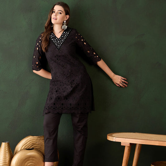 Black Cotton Schiffli Embroidery Solid Kurta with Trouser