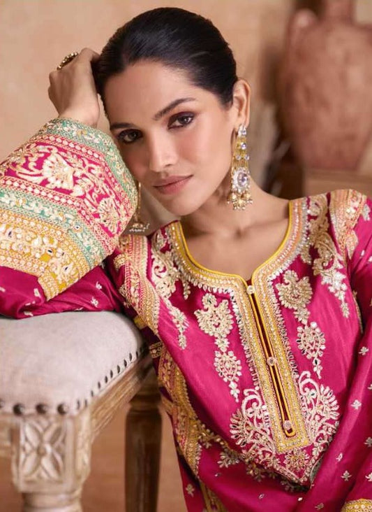 Crimson Wedding Collection Chinon Embroidered Pakistani Suit In Fuchsia Color