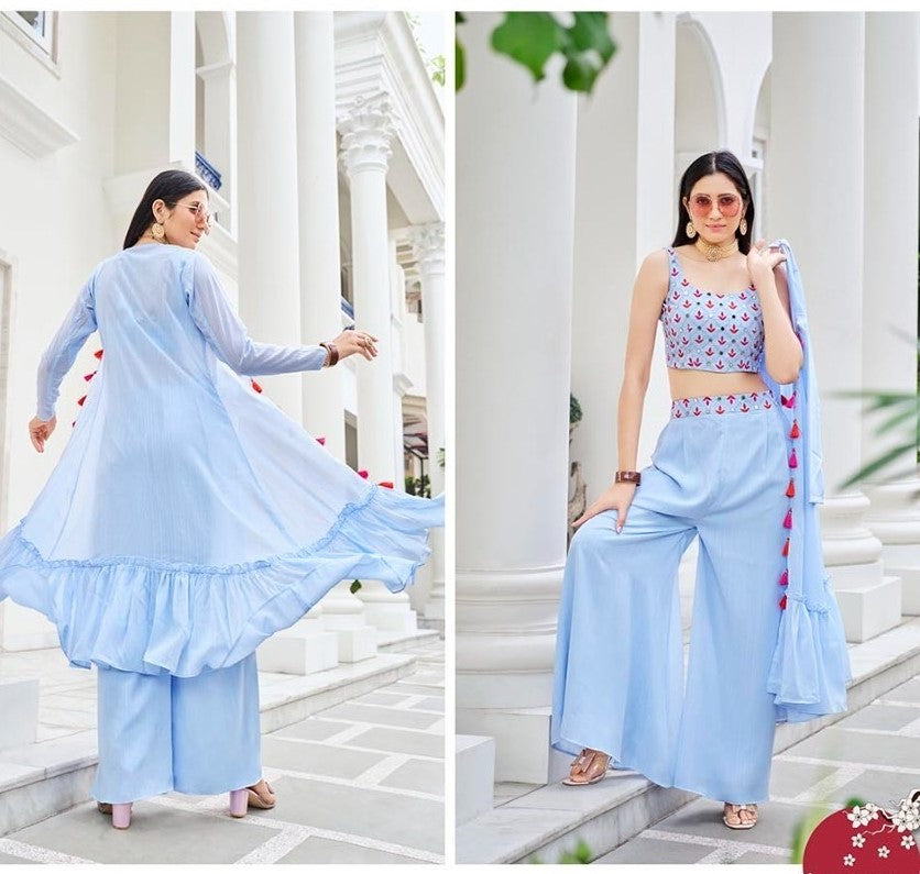 Sky Blue Sharara Suit Dress Plazzo Indian Ethnic Sequins Work Salwar Kameez  Top | eBay