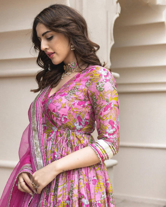 Pink Color Digital Printed Chander Silk Festive Wear Anarkali Suit