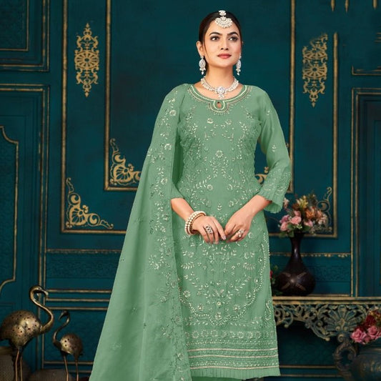 Pista Green Party Wear Pakistani Suits With Moti Work Embroidery