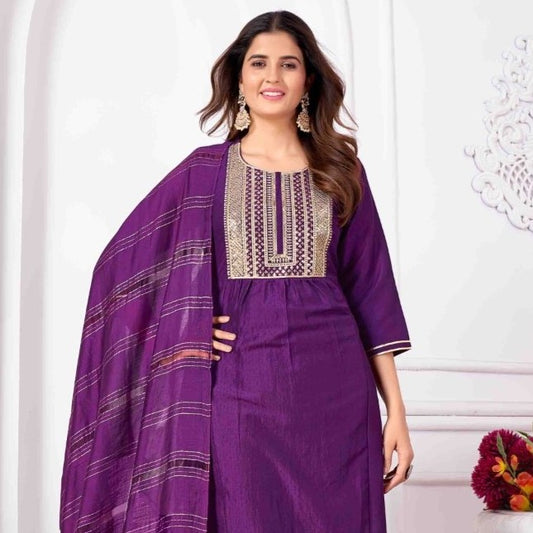 Purple Embroidered Art Silk Festive Wear Salwar Suit