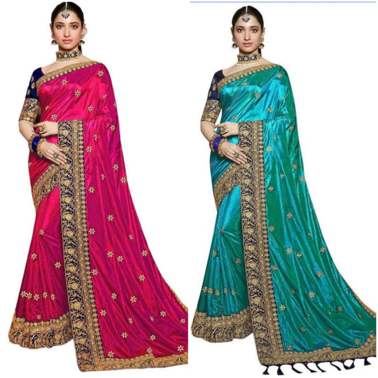 Green And Pink Colored Festive Wear Embroidered Sana Silk Saree Combo Pack Of -2