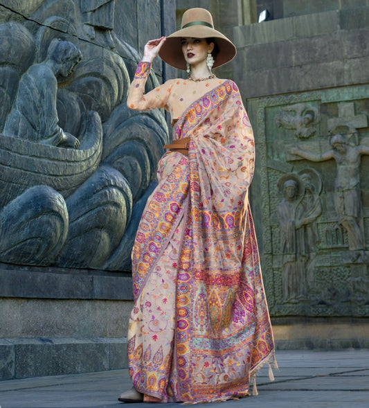 Cream Color Handloom Weaving Paithani Silk Saree
