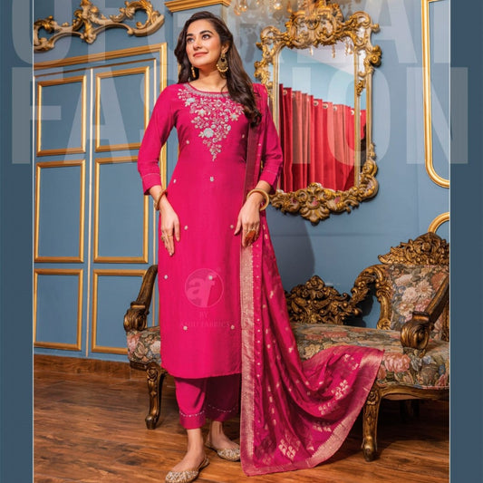 Pink Color Festive Wear Handwork Embroidery Kurti Pant Set With Dupatta