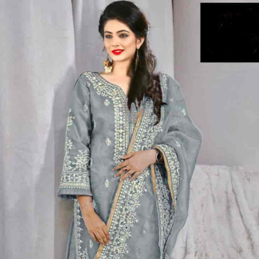 Grey Color Mirror Work Embroidered Velvet Pakistani Salwar Suit