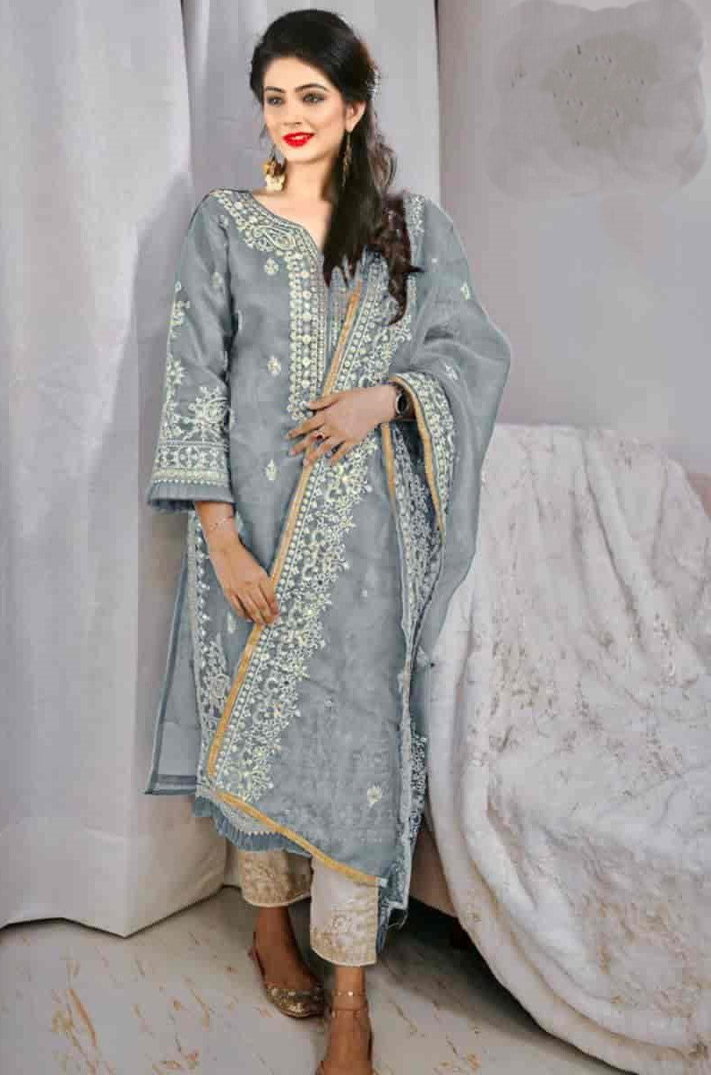 Designer Grey Salwar Suit With Pink Dupatta In Satin Georgette EXMAY42 –  ShreeFashionWear