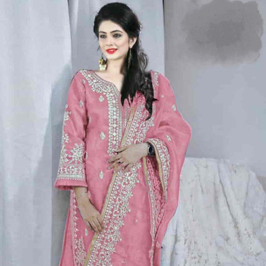Pink Color Mirror Work Embroidery Heavy Pakistani Suit