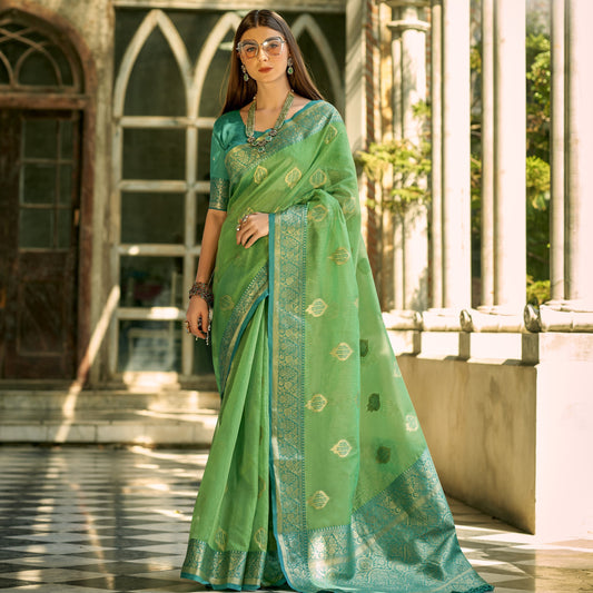 Grass Green Woven Tissue Silk Saree With Unstitched Blouse Piece