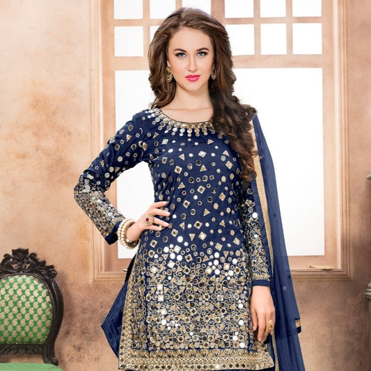 Navy Blue Wedding Wear Heavy Embroidered Patiala Suit For Women