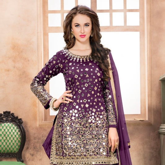 Purple Wedding Wear Heavy Embroidered Patiala Suit For Women