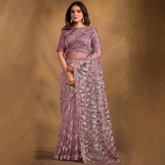 Light Purple Designer Velvet Net Saree Wedding Saree