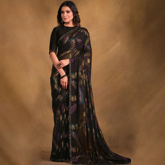 Jet Black Designer Jacquard Saree Wedding Saree