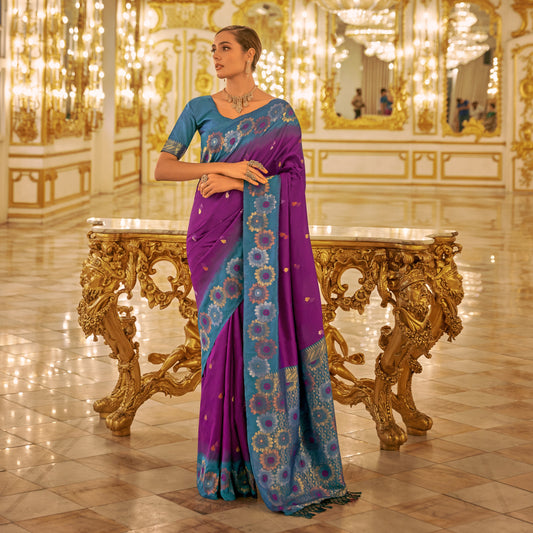 Purple Festive Wear Woven Banarasi Silk Saree With Contrast Border