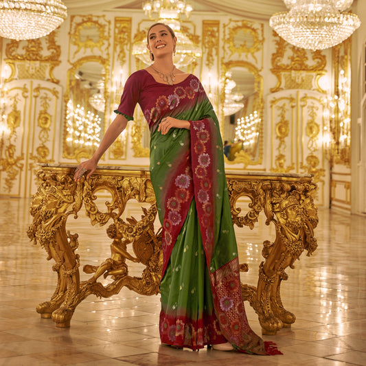 Green Festive Wear Woven Banarasi Silk Saree With Contrast Border