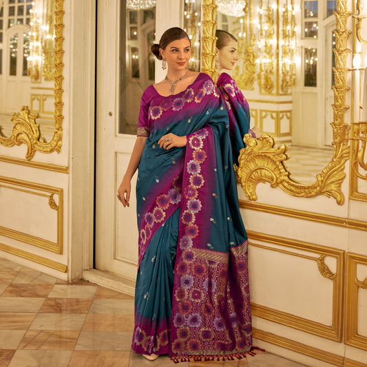 Blue Festive Wear Woven Banarasi Silk Saree With Contrast Border